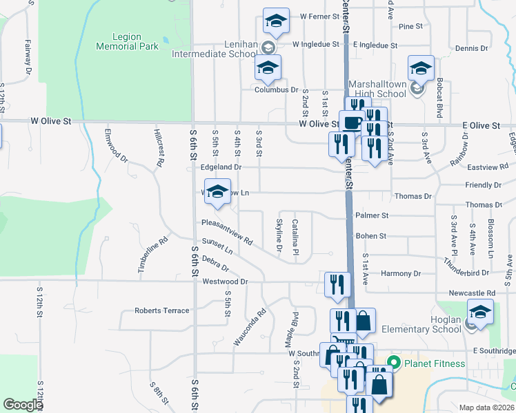 map of restaurants, bars, coffee shops, grocery stores, and more near 303 Bryngelson Drive in Marshalltown