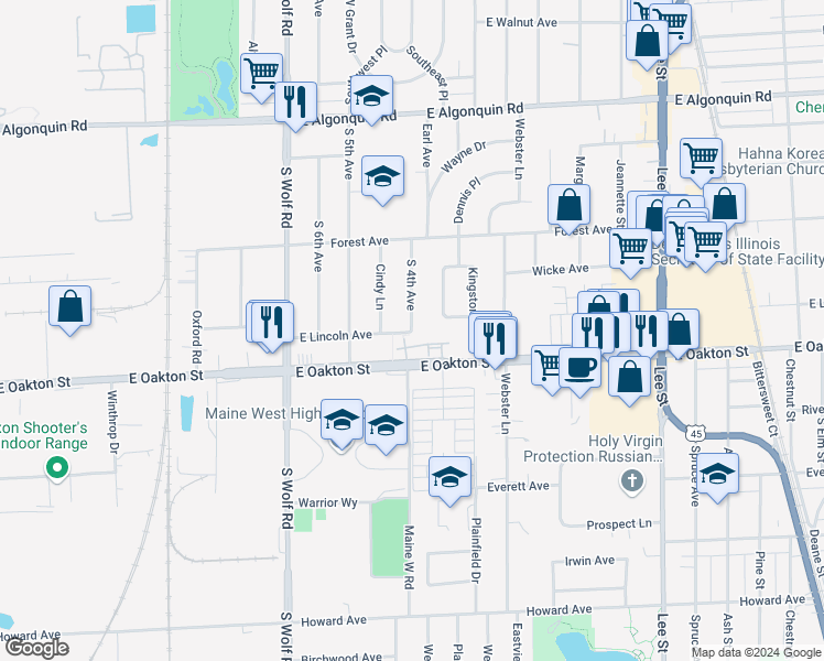 map of restaurants, bars, coffee shops, grocery stores, and more near 2412 South 4th Avenue in Des Plaines