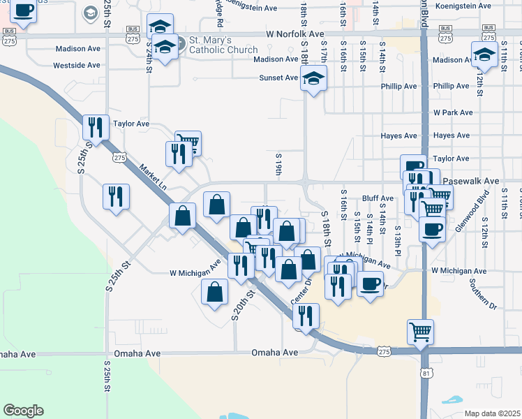 map of restaurants, bars, coffee shops, grocery stores, and more near 856-898 S 20th St in Norfolk