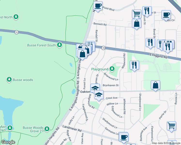 map of restaurants, bars, coffee shops, grocery stores, and more near 61 Ridgewood Road in Elk Grove Village