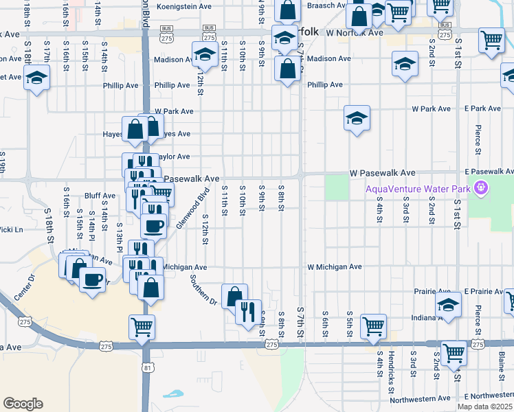 map of restaurants, bars, coffee shops, grocery stores, and more near 734 South 9th Street in Norfolk