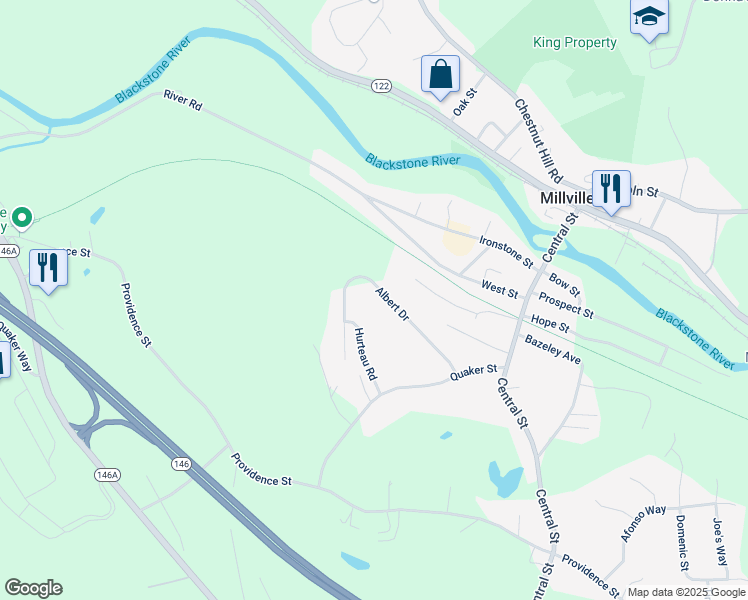 map of restaurants, bars, coffee shops, grocery stores, and more near 23 Albert Drive in Millville