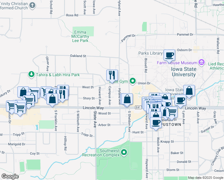 map of restaurants, bars, coffee shops, grocery stores, and more near 150 Campus Avenue in Ames