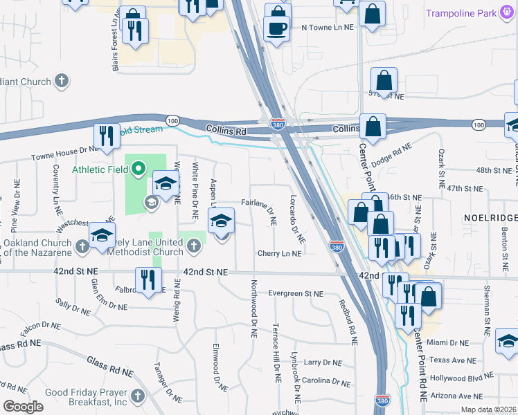 map of restaurants, bars, coffee shops, grocery stores, and more near 4501 Fairlane Drive Northeast in Cedar Rapids