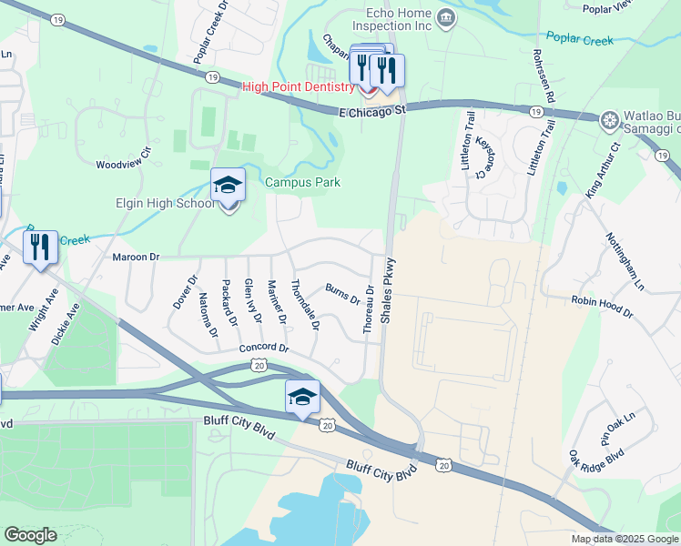 map of restaurants, bars, coffee shops, grocery stores, and more near 1325 Burns Drive in Elgin