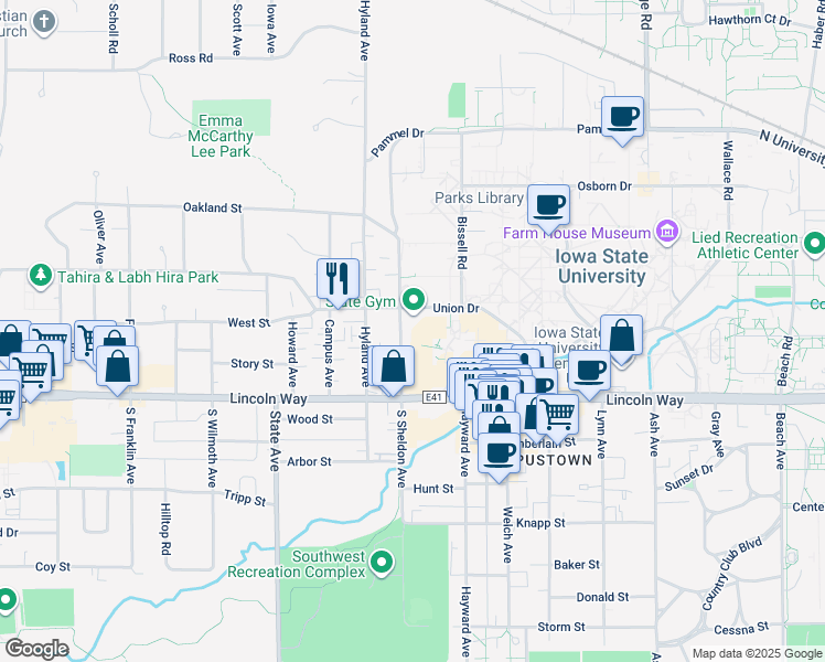 map of restaurants, bars, coffee shops, grocery stores, and more near 2642 Union Drive in Ames