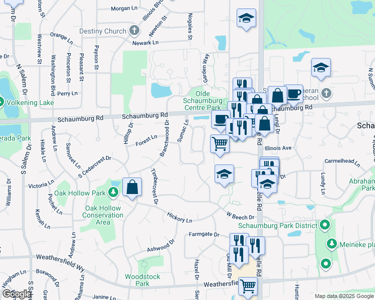 map of restaurants, bars, coffee shops, grocery stores, and more near 141 Sumac Lane in Schaumburg