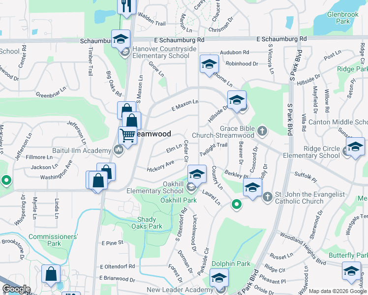 map of restaurants, bars, coffee shops, grocery stores, and more near 130 Hickory Avenue in Streamwood