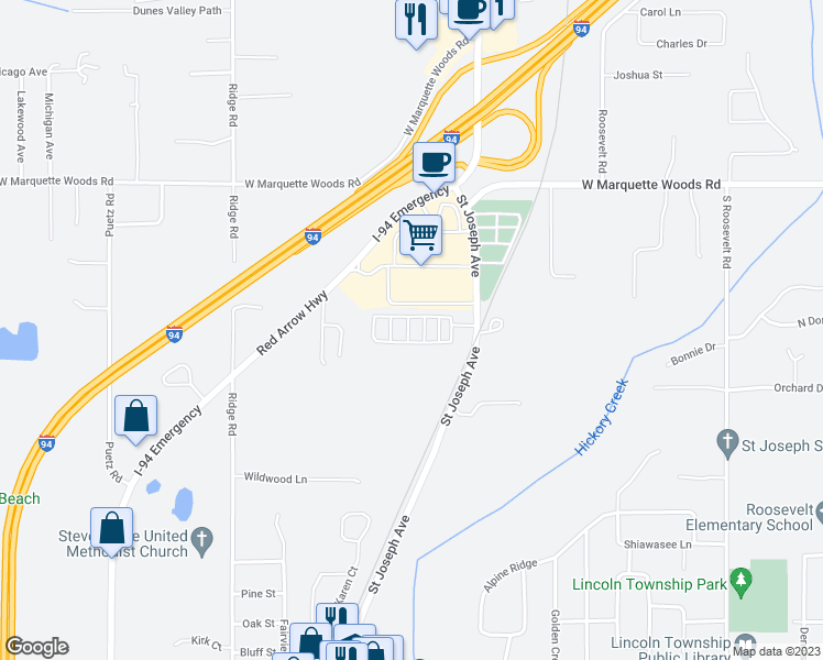 map of restaurants, bars, coffee shops, grocery stores, and more near 5080 Saint Joseph Avenue in Stevensville