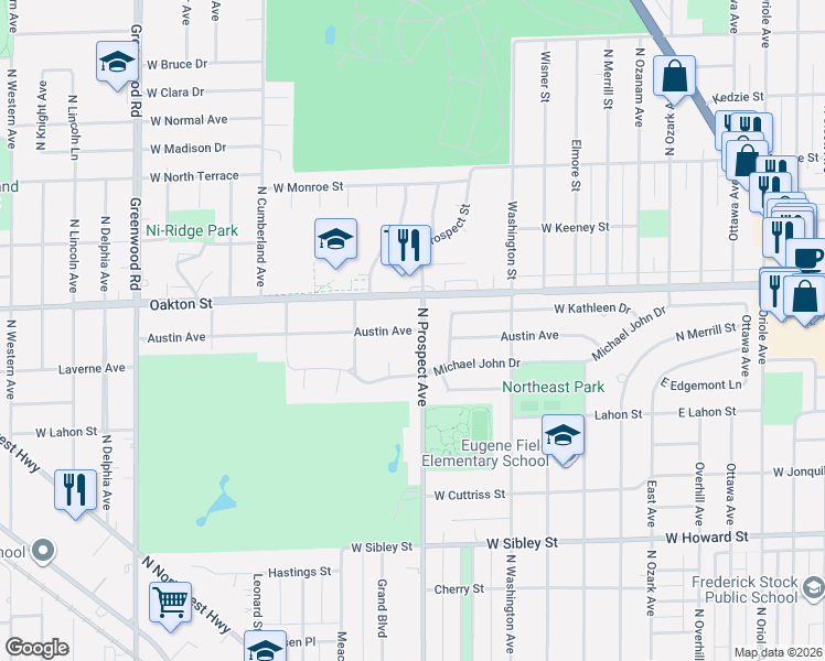 map of restaurants, bars, coffee shops, grocery stores, and more near 901 North Prospect Avenue in Park Ridge