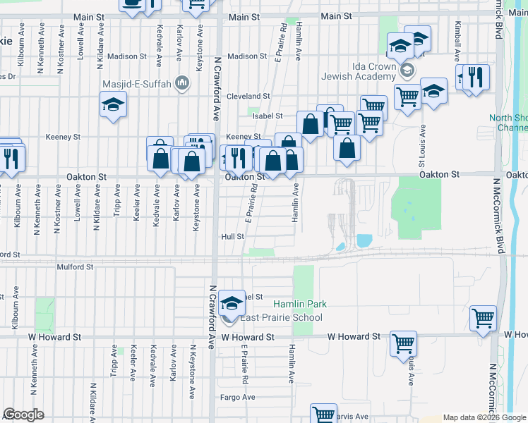 map of restaurants, bars, coffee shops, grocery stores, and more near 7845 East Prairie Road in Skokie