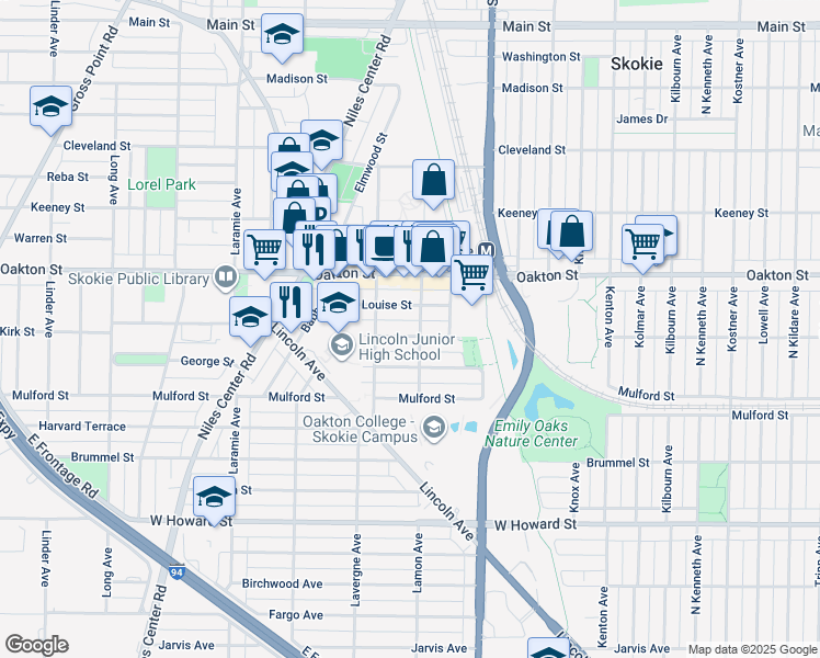 map of restaurants, bars, coffee shops, grocery stores, and more near 4856 Hull Street in Skokie