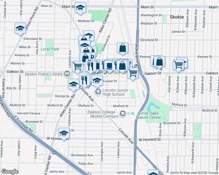 map of restaurants, bars, coffee shops, grocery stores, and more near 7835 Niles Avenue in Skokie