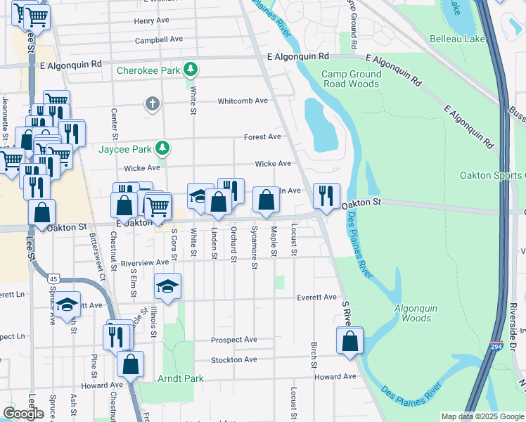 map of restaurants, bars, coffee shops, grocery stores, and more near 1759 East Oakton Street in Des Plaines