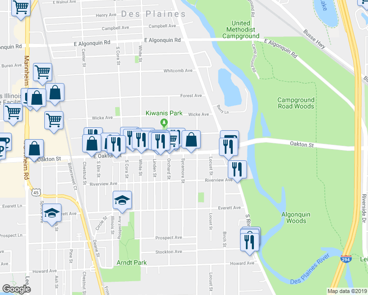 map of restaurants, bars, coffee shops, grocery stores, and more near 1759 East Oakton Street in Des Plaines