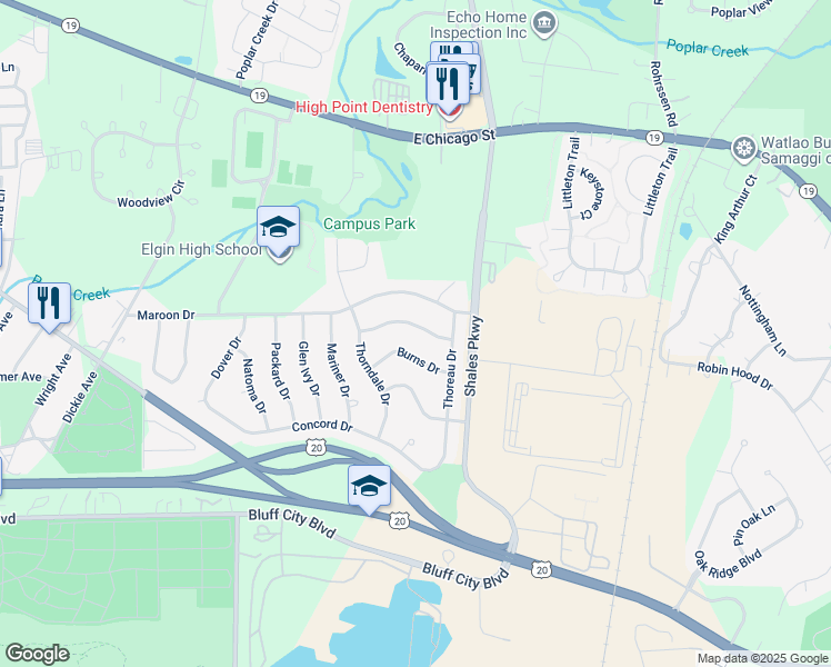 map of restaurants, bars, coffee shops, grocery stores, and more near 1325 Burns Drive in Elgin