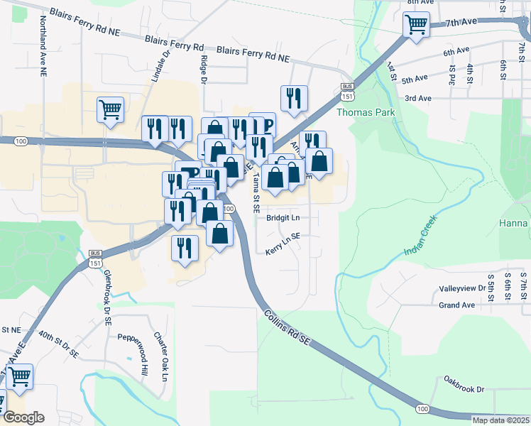 map of restaurants, bars, coffee shops, grocery stores, and more near 4610 Tama Street Southeast in Cedar Rapids