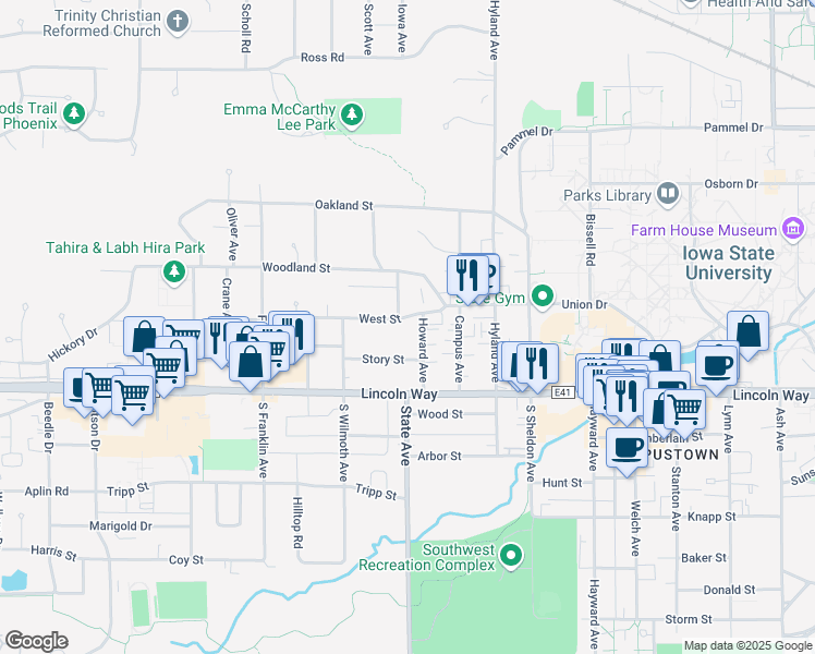 map of restaurants, bars, coffee shops, grocery stores, and more near 121 Howard Avenue in Ames