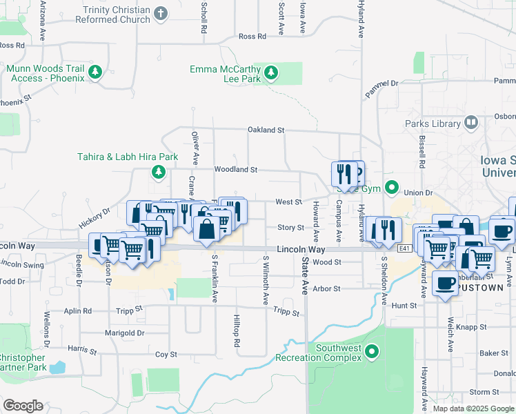 map of restaurants, bars, coffee shops, grocery stores, and more near 3143 Story Street in Ames