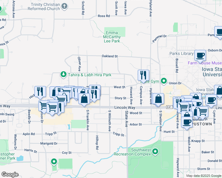 map of restaurants, bars, coffee shops, grocery stores, and more near 3226 West Street in Ames
