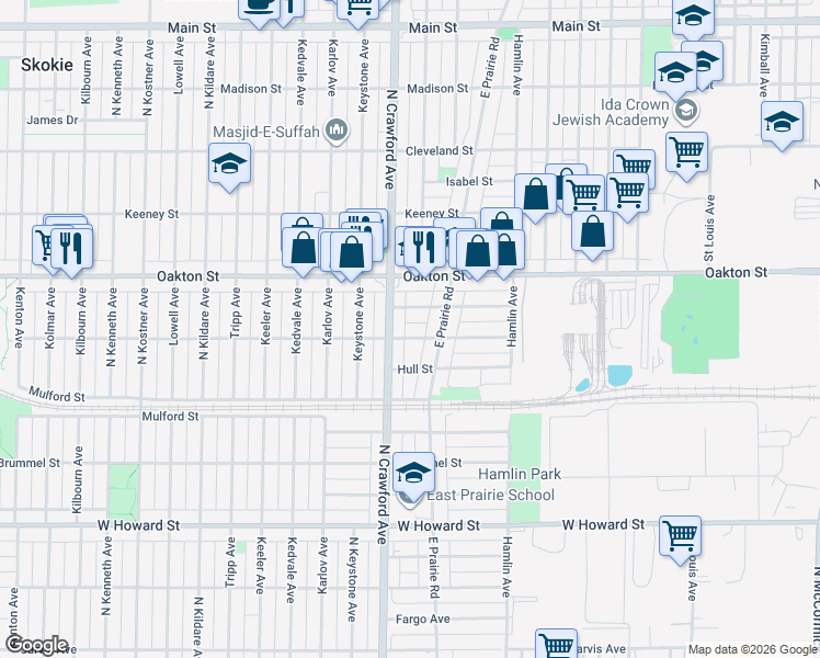 map of restaurants, bars, coffee shops, grocery stores, and more near 3933 Kirk Street in Skokie