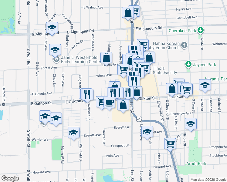 map of restaurants, bars, coffee shops, grocery stores, and more near 1070 E Oakton St in Des Plaines