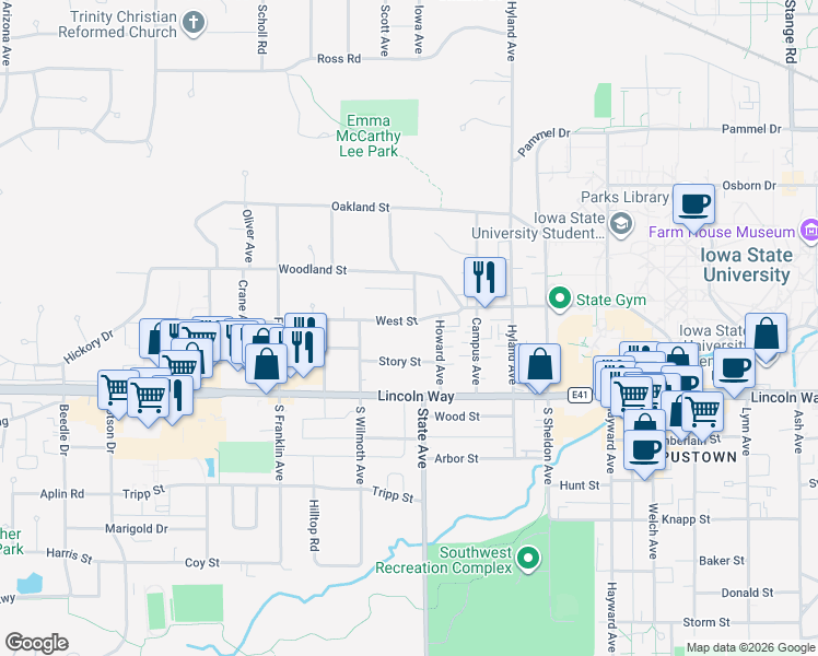 map of restaurants, bars, coffee shops, grocery stores, and more near 3115 Story Street in Ames