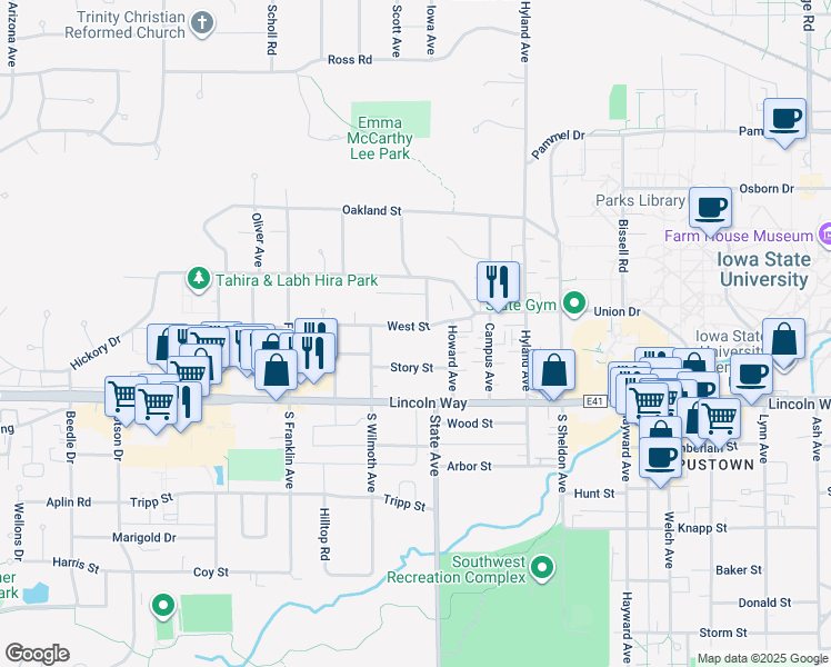 map of restaurants, bars, coffee shops, grocery stores, and more near 3115 Story Street in Ames