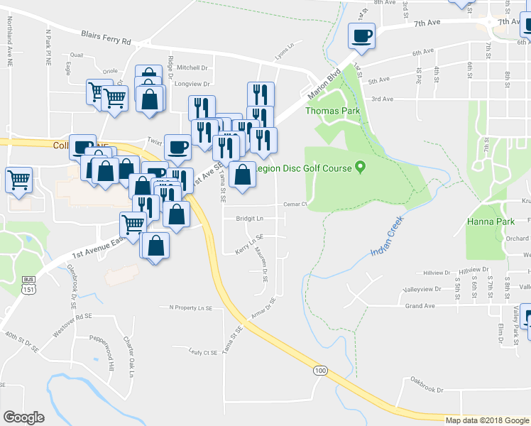 map of restaurants, bars, coffee shops, grocery stores, and more near 940 Bridgit Lane in Cedar Rapids