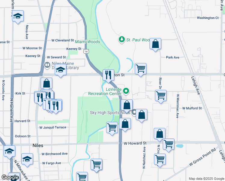 map of restaurants, bars, coffee shops, grocery stores, and more near 7910 North Caldwell Avenue in Niles