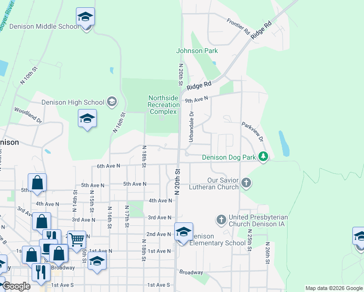 map of restaurants, bars, coffee shops, grocery stores, and more near Ridgeway Drive in Denison
