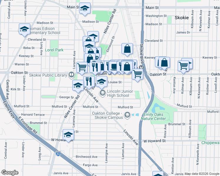 map of restaurants, bars, coffee shops, grocery stores, and more near 4948 Kirk Street in Skokie
