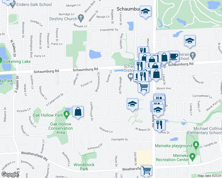 map of restaurants, bars, coffee shops, grocery stores, and more near 40 Sarahs Grove Lane in Schaumburg