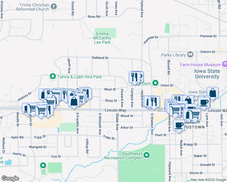map of restaurants, bars, coffee shops, grocery stores, and more near 3106 West Street in Ames