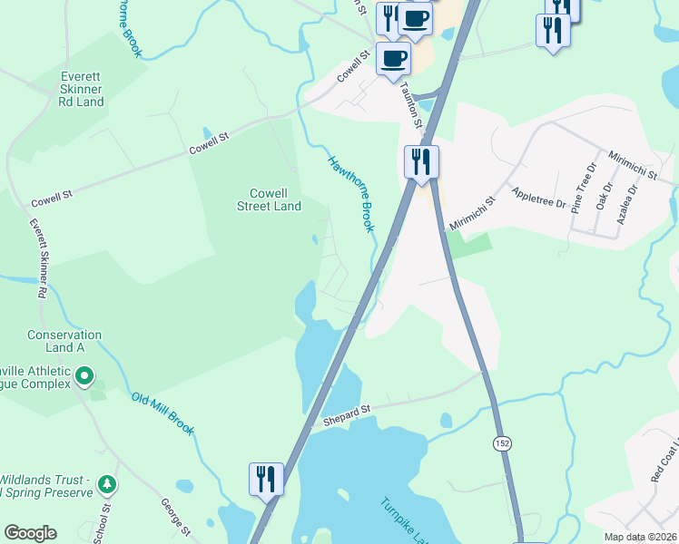 map of restaurants, bars, coffee shops, grocery stores, and more near 160 Washington Street in Plainville
