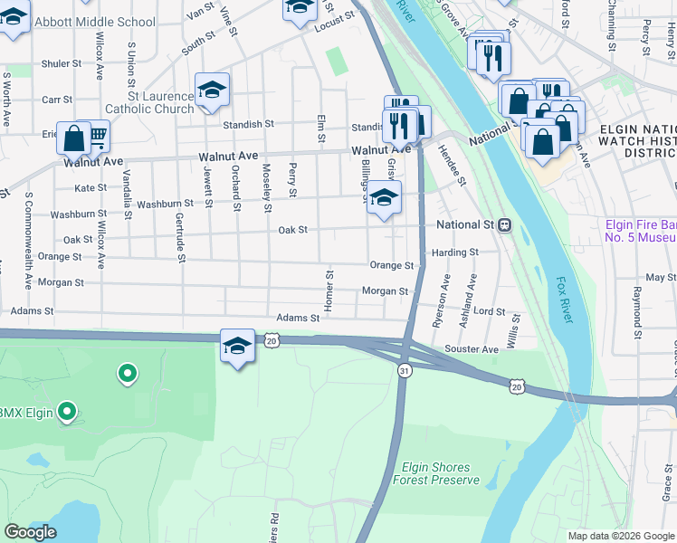 map of restaurants, bars, coffee shops, grocery stores, and more near 325 Morgan Street in Elgin