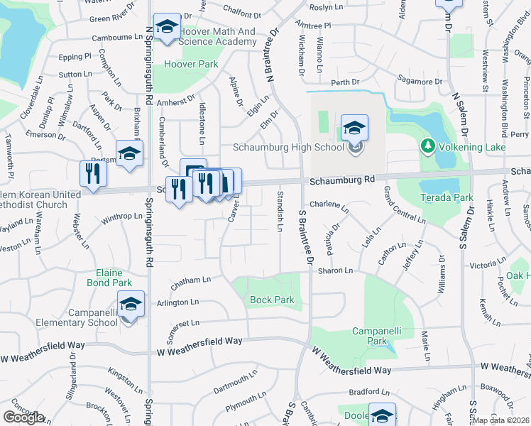 map of restaurants, bars, coffee shops, grocery stores, and more near 1304 Yarmouth Court in Schaumburg