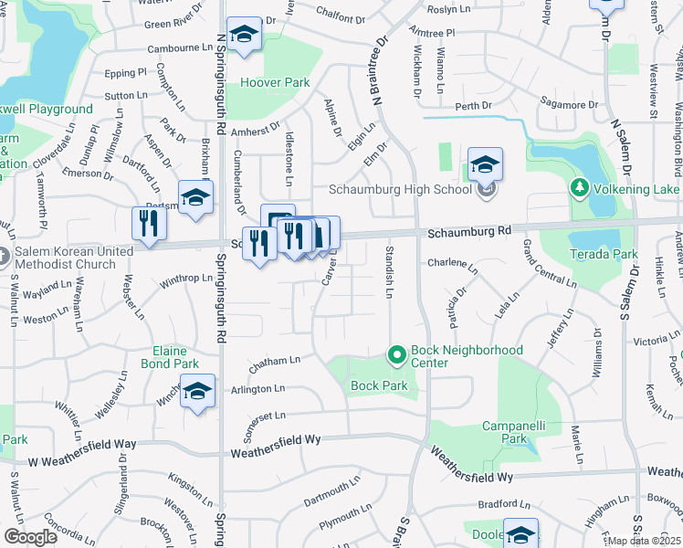 map of restaurants, bars, coffee shops, grocery stores, and more near 1332 Yarmouth Court in Schaumburg