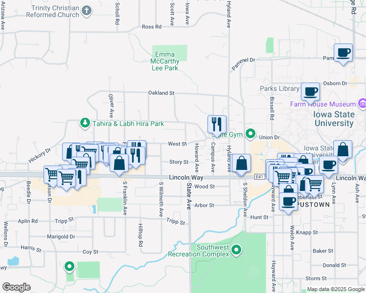 map of restaurants, bars, coffee shops, grocery stores, and more near 3108 West Street in Ames