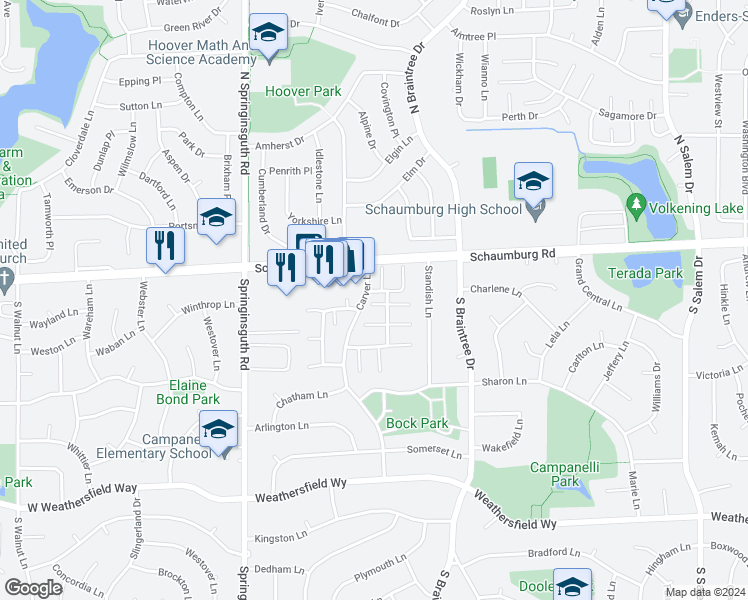 map of restaurants, bars, coffee shops, grocery stores, and more near 1334 Yarmouth Court in Schaumburg