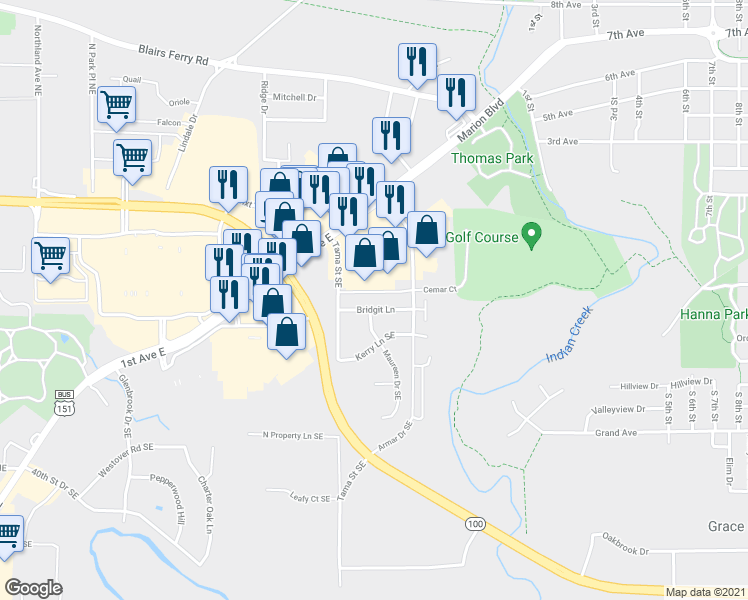 map of restaurants, bars, coffee shops, grocery stores, and more near 910 Bridgit Lane in Cedar Rapids