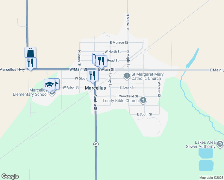 map of restaurants, bars, coffee shops, grocery stores, and more near 240 East Dibble Street in Marcellus