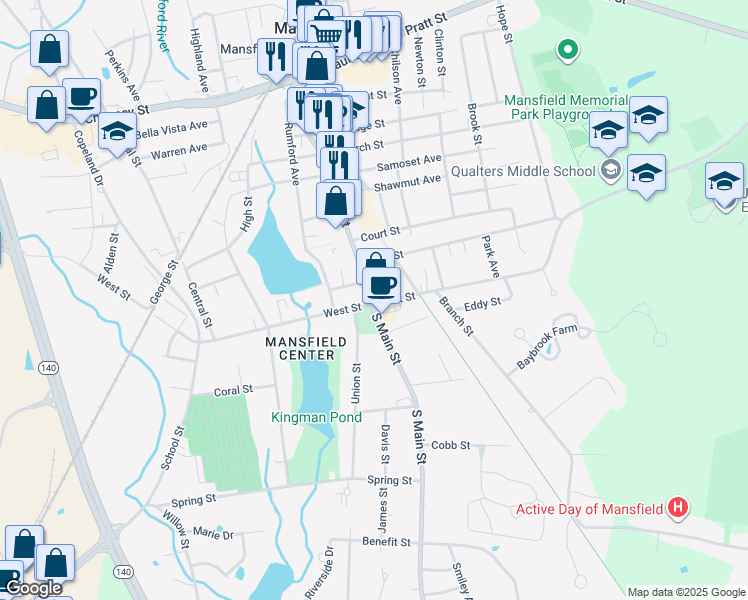 map of restaurants, bars, coffee shops, grocery stores, and more near 34 North Main Street in Mansfield