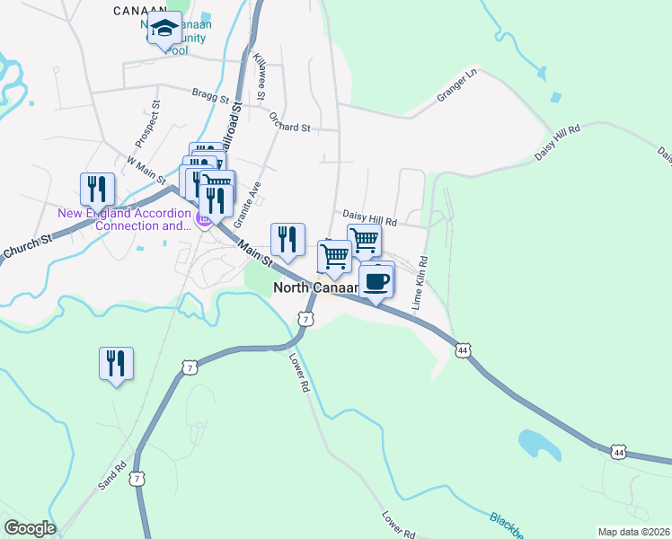 map of restaurants, bars, coffee shops, grocery stores, and more near 2 North Elm Street in Canaan