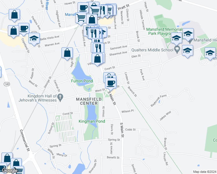 map of restaurants, bars, coffee shops, grocery stores, and more near 34 North Main Street in Mansfield