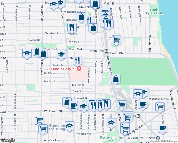 map of restaurants, bars, coffee shops, grocery stores, and more near 715 Austin Street in Evanston