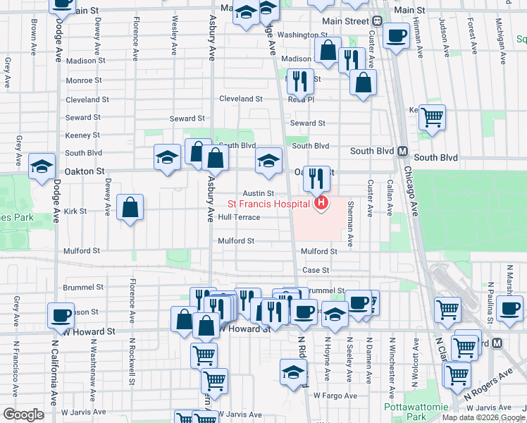 map of restaurants, bars, coffee shops, grocery stores, and more near 1102 Austin Street in Evanston