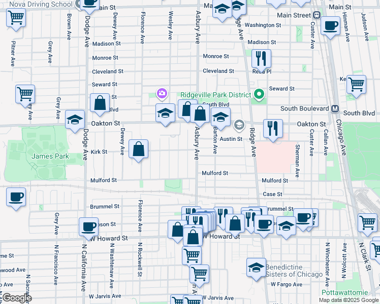 map of restaurants, bars, coffee shops, grocery stores, and more near 1226 Austin Street in Evanston