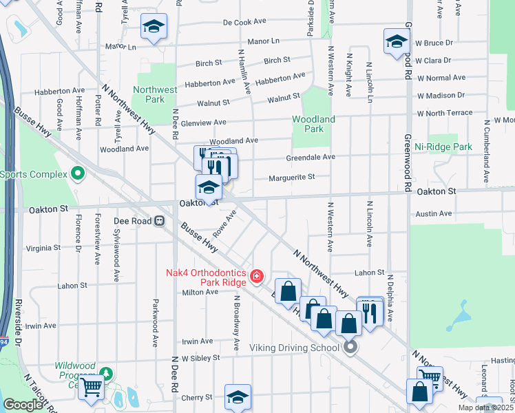 map of restaurants, bars, coffee shops, grocery stores, and more near 1900 Oakton Street in Park Ridge