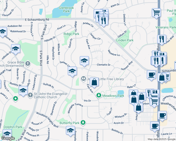 map of restaurants, bars, coffee shops, grocery stores, and more near 16 Sunset Circle in Streamwood